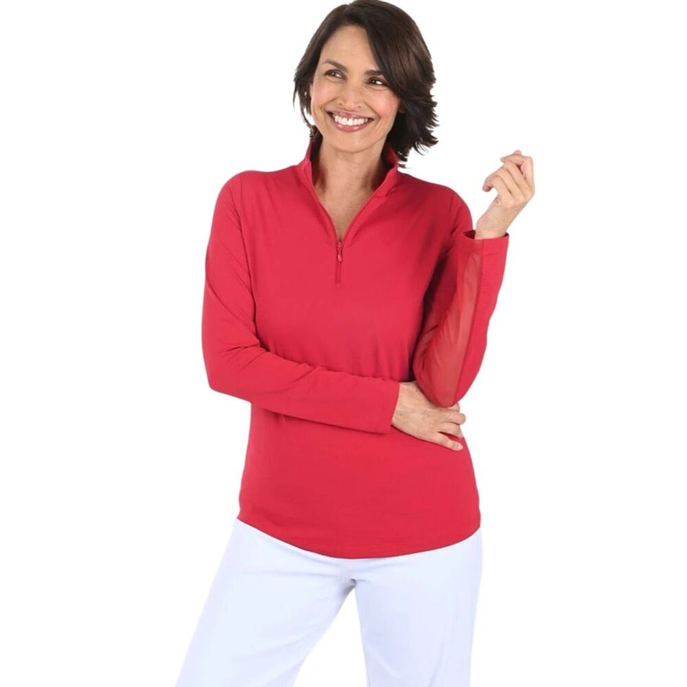 IBKUL Womens Solid Long Sleeve Quarter Zip UPF 50+ Sun Shirt Ruby Red Size Small